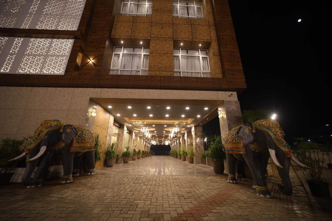 Decorated elephant statues flanking the illuminated entrance porch at night
