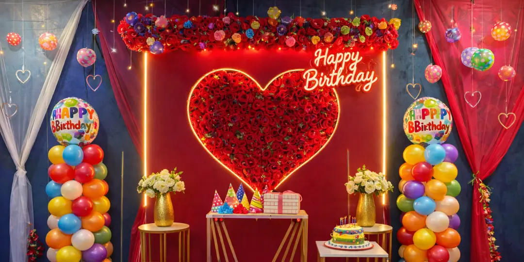 Birthday celebration setup with a floral heart backdrop and balloons