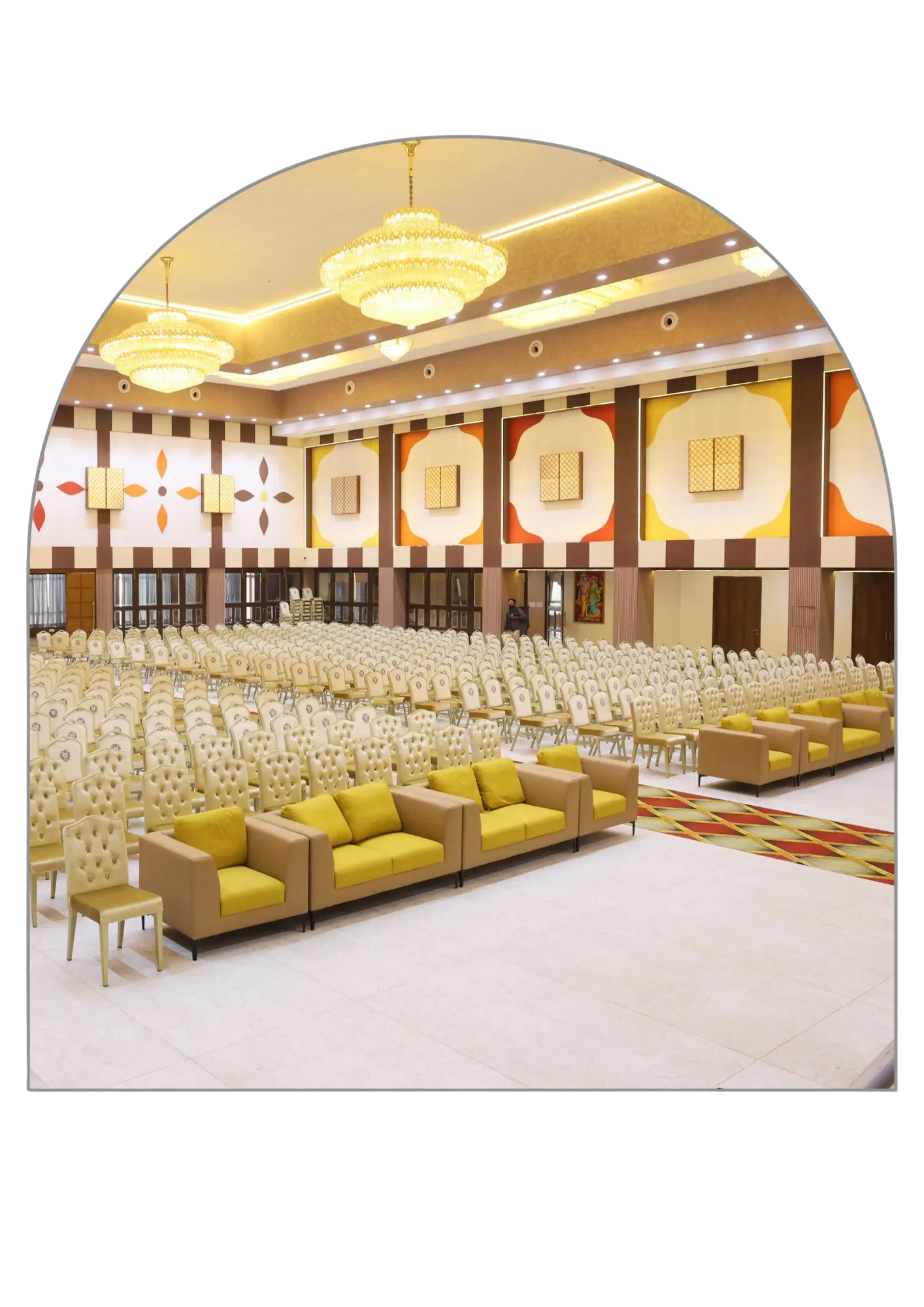 The Mandapam hall at Yadhava Convention Centre, arranged with guest seating and VIP sofas